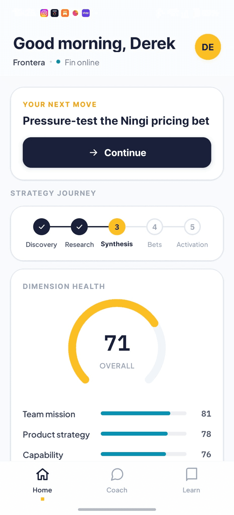 Actuo mobile app home screen showing the strategy journey across Discovery, Research, Synthesis, Bets and Activation alongside an overall dimension-health score